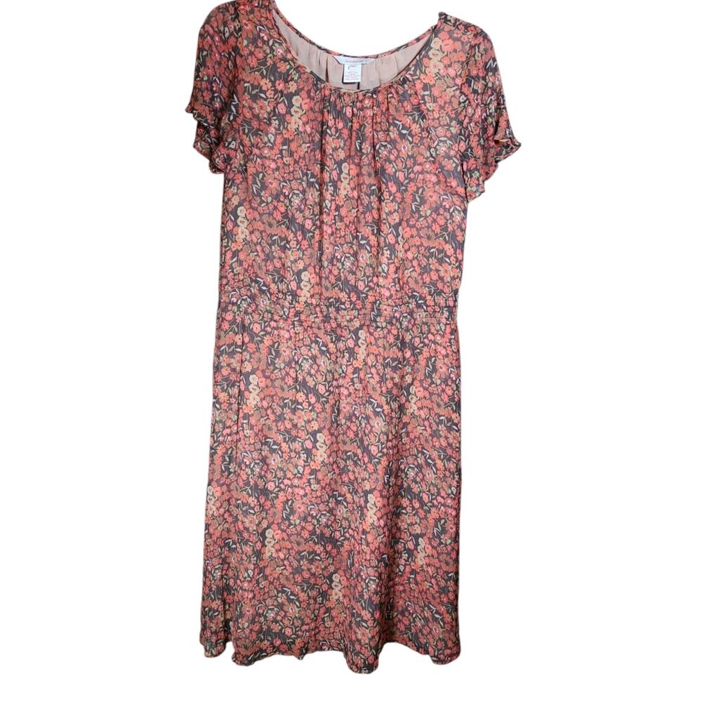 Sundance Dress 12 Orange Floral Midi Silk Lining Flutter Cap Sleeve Smocked